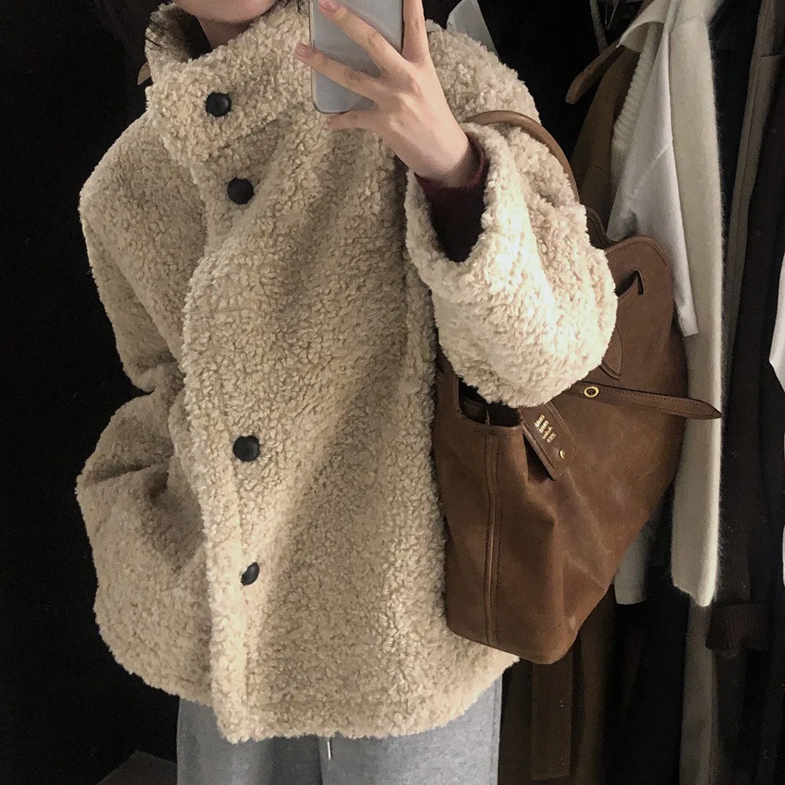 Korean Style Double Breasted Lamb Fur Coat Stand Collar Lazy Fashion Versatile mid Length Women's Jacket Asymmetrical Casual ...