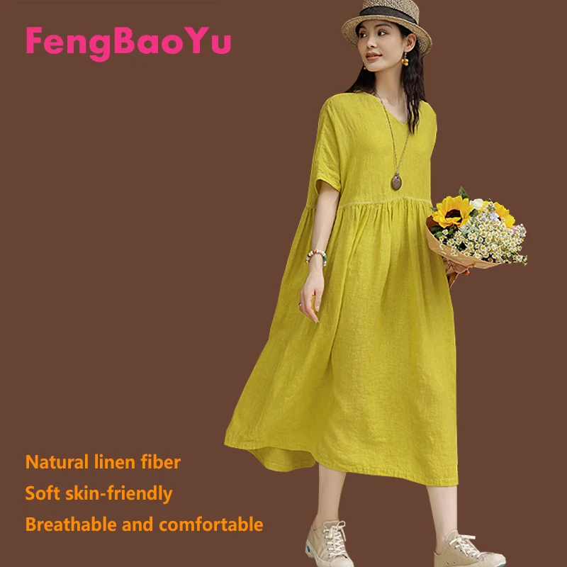 100% Linen Women's Short-sleeved Dress Yellow V-neck Pullover Dress Temperament Simple Casual Loose Plus Size 3XL Comfortable