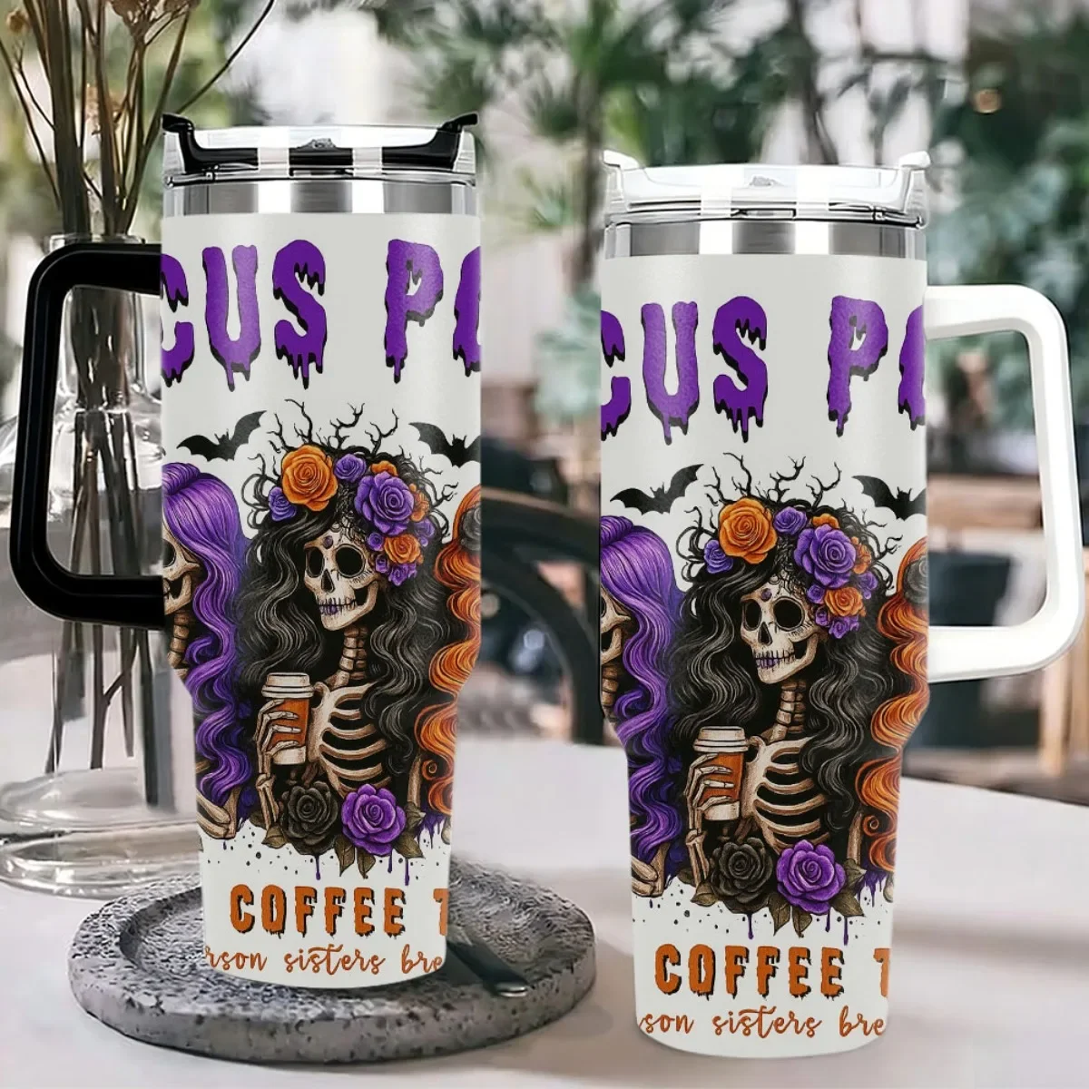 40oz Tumbler with Handle Hocus Pocus Skeleton Sisters Halloween Print Insulated Cup, Other colors sold out, random black or white shipment for other color orders