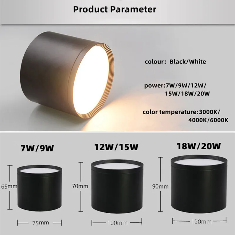 Montowane na powierzchni ściemnialne oprawy LED 7W 9W 12W 15W 18W COB LED sufitowe lampy punktowe AC85-265V LED lampy sufitowe oświetlenie wewnętrzne