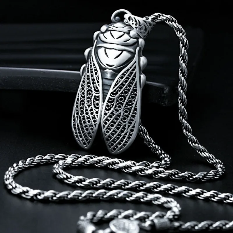 silver 925 Cicada Pendant Retro stereoscopic Exquisite Hollow out Ethnic Style Unique Design Necklace Men Banquet Jewelry Gift