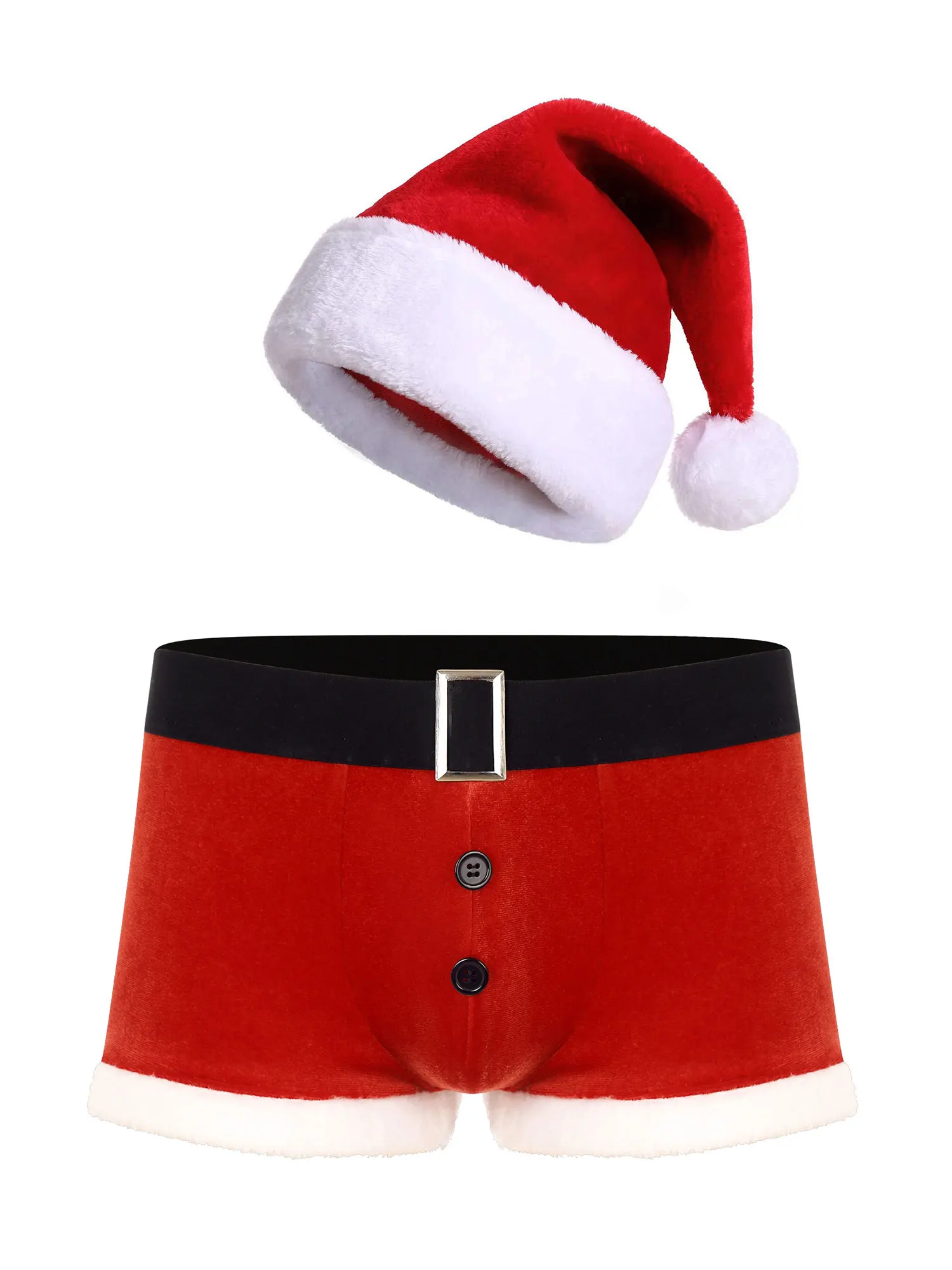 Christmas Velvet Briefs Lingerie Boxer Shorts Underwear with Santa Claus Hat Mens 2-Piece Xmas New Year Holiday Performance Set