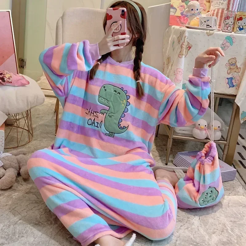 Warm Big Negligee Lounge Dress Thick Sleepwear Nightgowns Flannel Size Winter Coral Kawaii Long Gowns Wear Women Fleece Pajamas