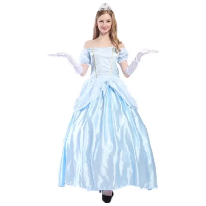 Women Girls Classic Cinderella Princess Dress Adult Sexy Fairy Tale Palace Long Dress Fantasia Party Performance Cosplay Costume