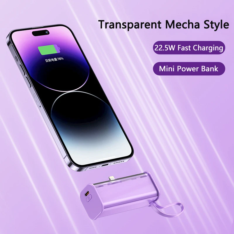 Transparent Power Bank 5000mAh Built in Cable Plug 22.5W Fast Charging Powerbank for iPhone Huawei Xiaomi Samsung Mini Poverbank