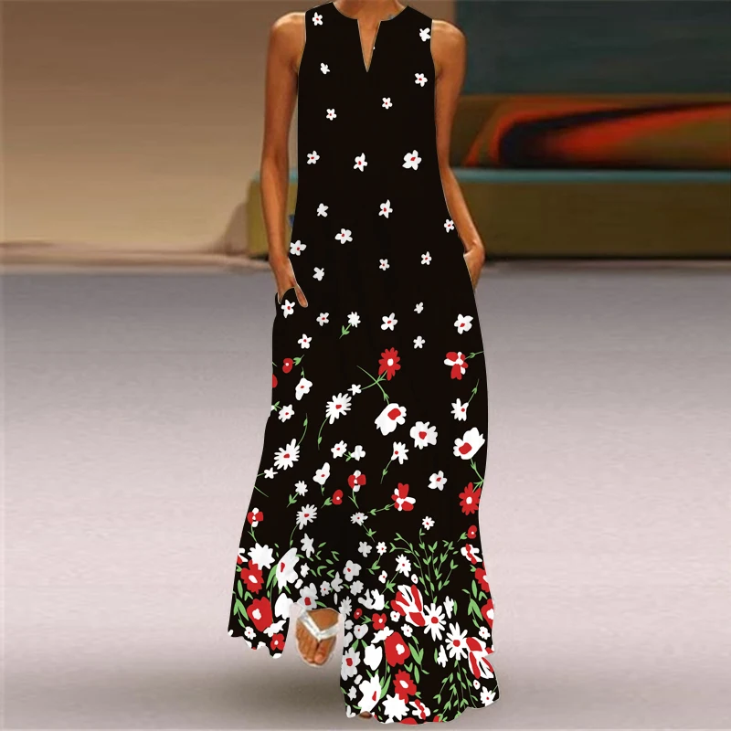 2024 New European and American Cross border Summer Long Dress Women\'s Sleeveless V-neck Printed Sexy