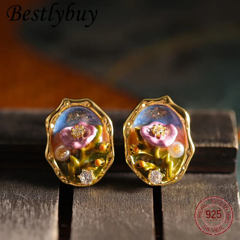 

925 Silver Retro Enamel French Oil Painting Style Three Dimensional Flower Earrings Female Original Design Light Luxury Earrings