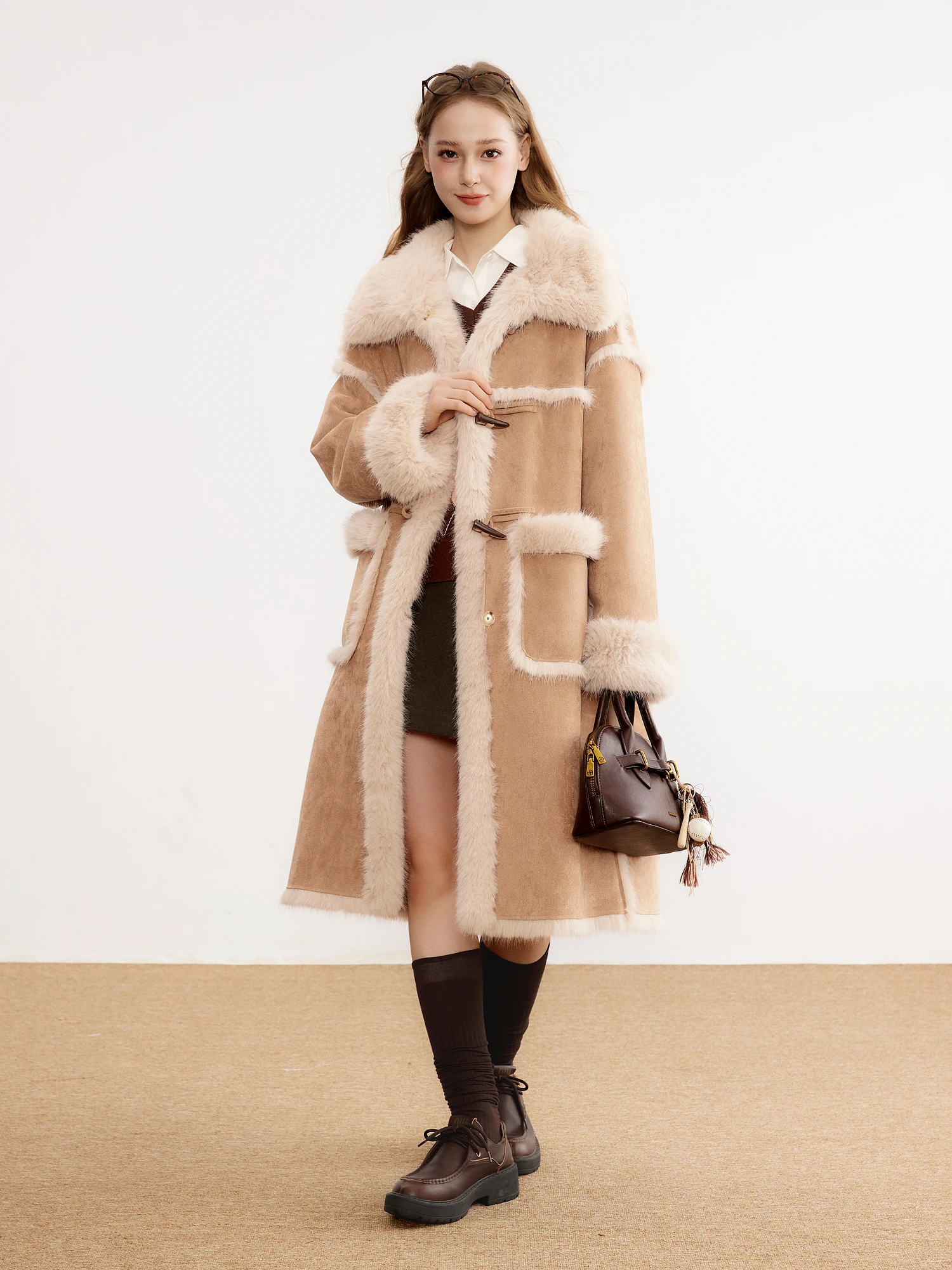 Cindral New Damen-Pelzmantel aus Wildleder, mittellang, verdicktes Fell, integrierter Pelzmantel, warmer langer Mantel aus Polyesterstoff für den Pendelverkehr