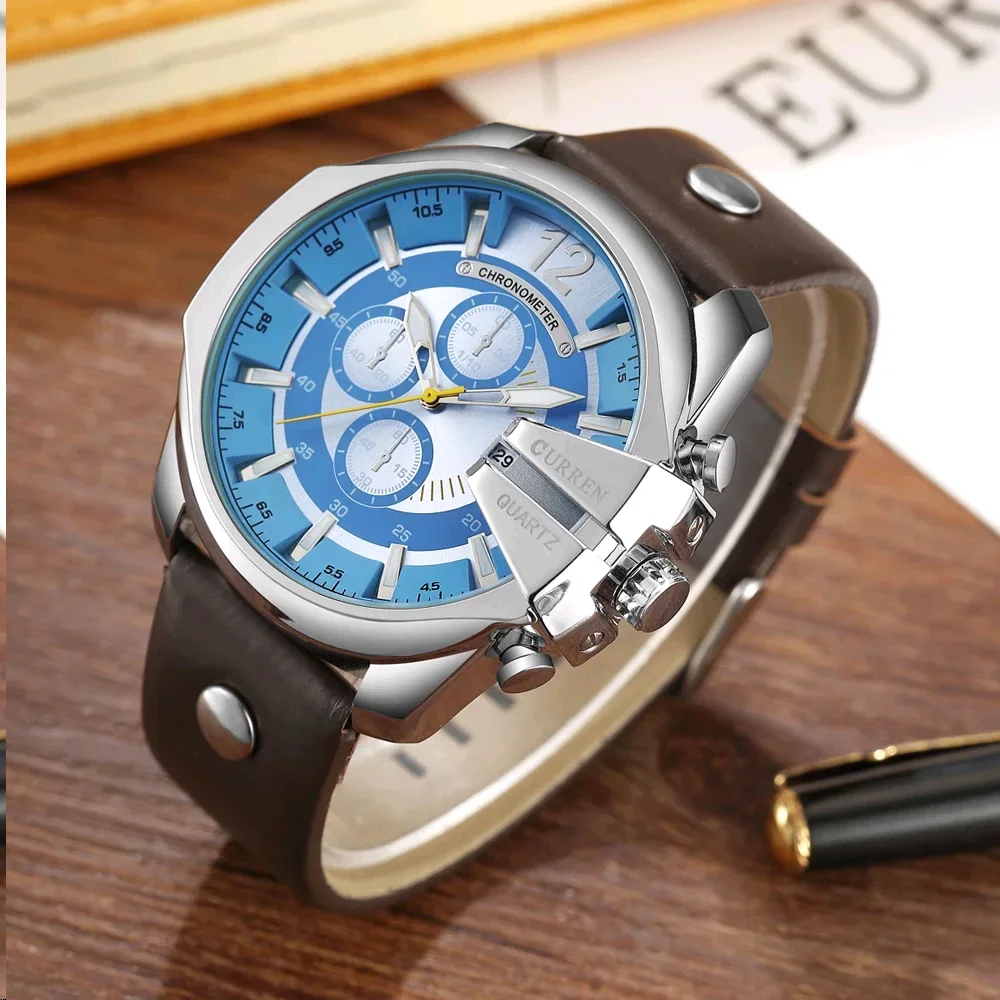 CURREN Watch For Men 8176 Fashion Casual Quartz Watches Popular Big Dial Waterproof 30M Leather Strap Men Watch Reloj Hombre