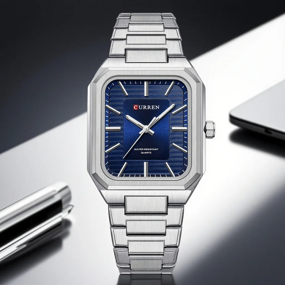 

CURREN модные минималистичные прямоугольные кварцевые часы для деловых мужчин наручные часы со светящимися стрелками из нержавеющей стали 8457
