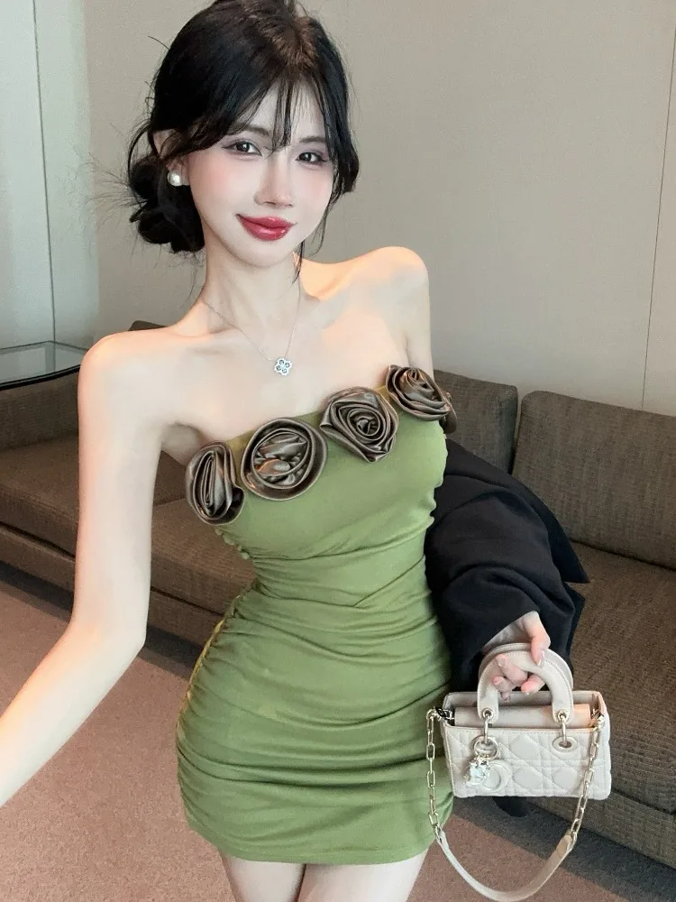 

Sexy Slim Fit One Shoulder Dress with 3D Flower Design Base Layer Vest Short Skirt Korean Style Commute Pure Desire Fashion