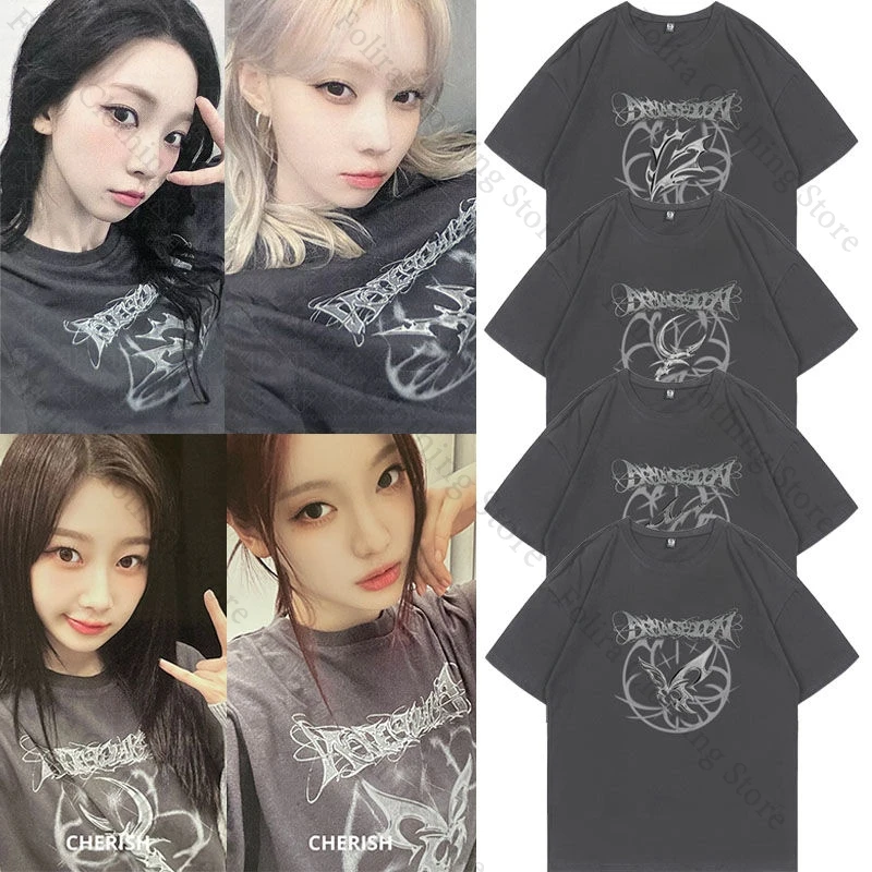Kpop KARINA GISELLE invierno NINGNING concierto misma camiseta gris verano Tops moda Camiseta de manga corta para Fans ropa de mujer