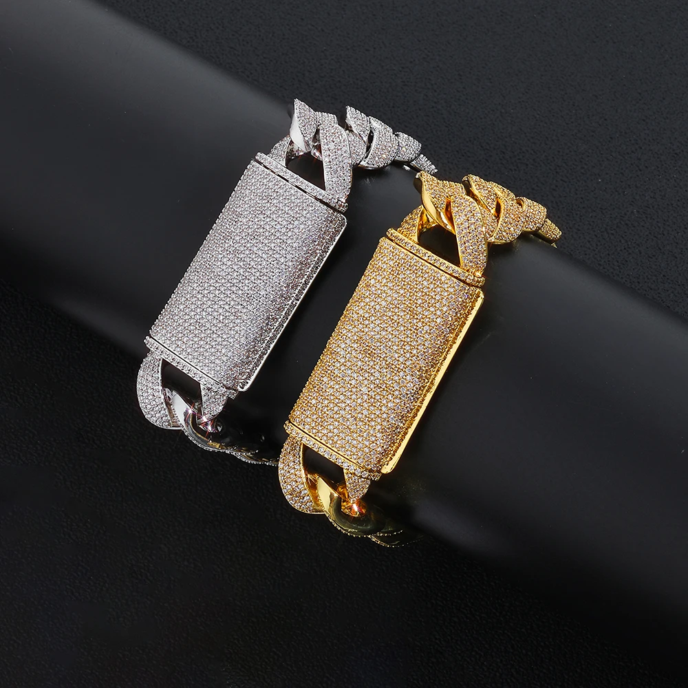 Fine 17.5mm Inlaid With 4 Row Bling Diamond Hip Hop Cuban Link Chain Brass Cubic Zirconia Iced Out Fashion Bracelet For Men Gift view 3