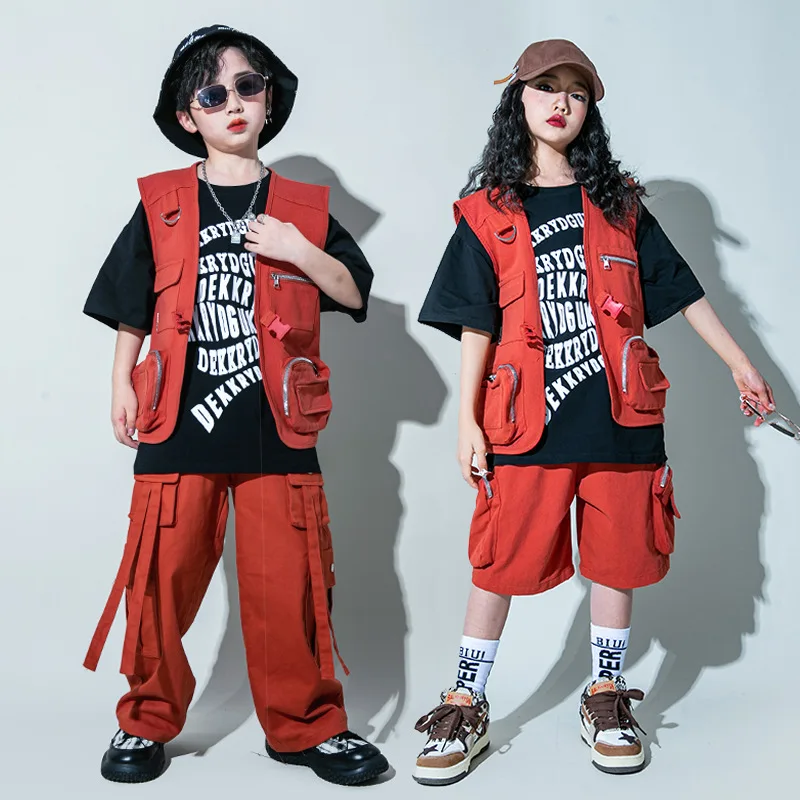 

Kid Hip Hop Clothing Orange Sleeveless Jacket Vest Top Casual Strap Cargo Jogger Pants Shorts for Girl Boy Dance Costume Clothes