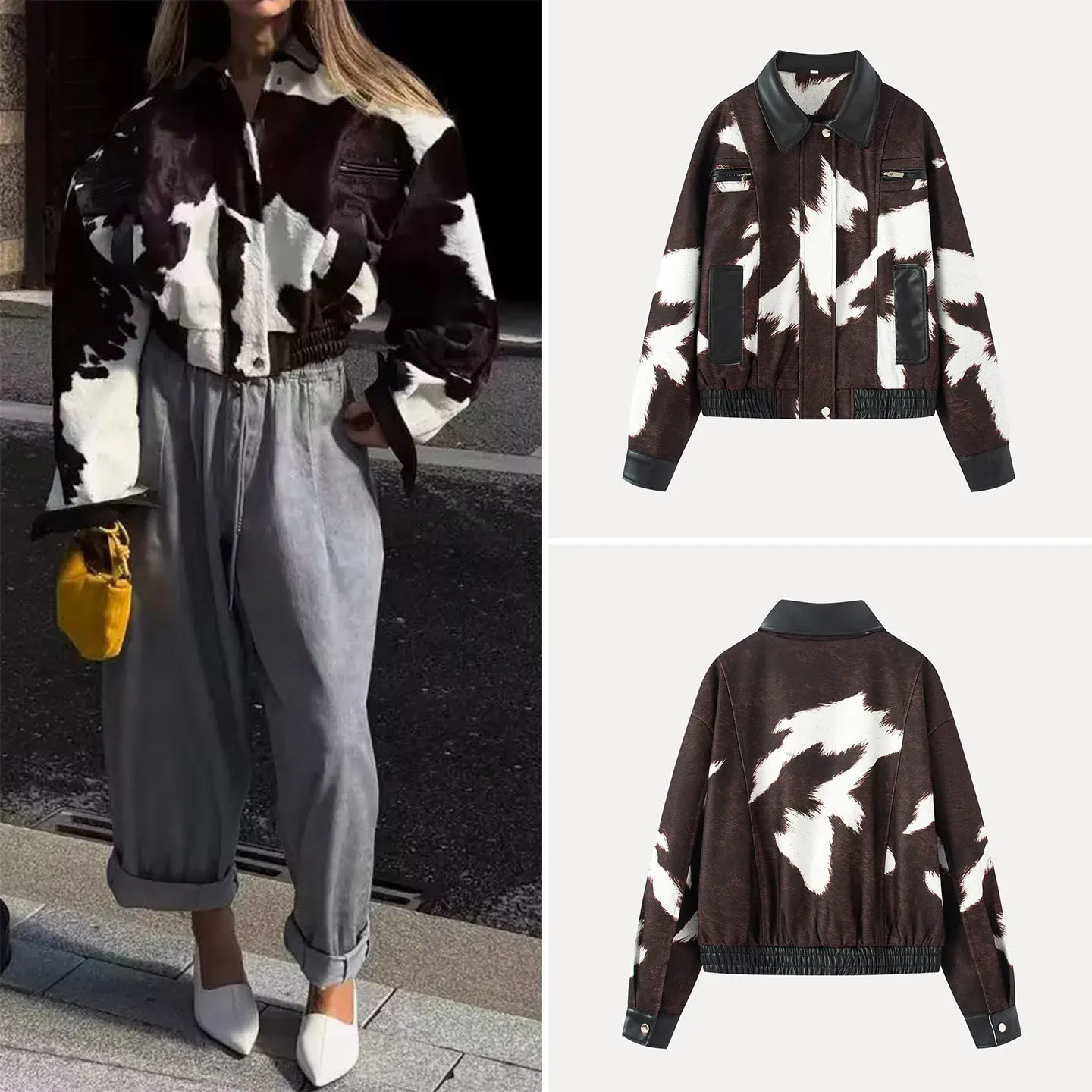 Women's Short Jacket 2026 New Autumn Street Style Design Cattle Pattern American Road Style Outerwear Zadata Loose Fit Long S...