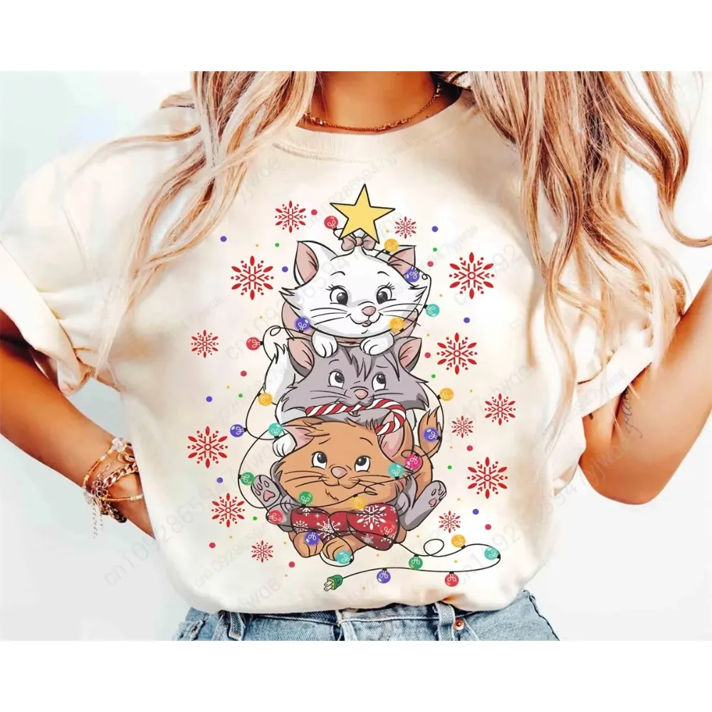 アリストキャッツ マリー クリスマス ライト シャツ ファミリー クリスマス シャツ ゆったり&快適なトップス 夏用 レディース コットン Tシャツ