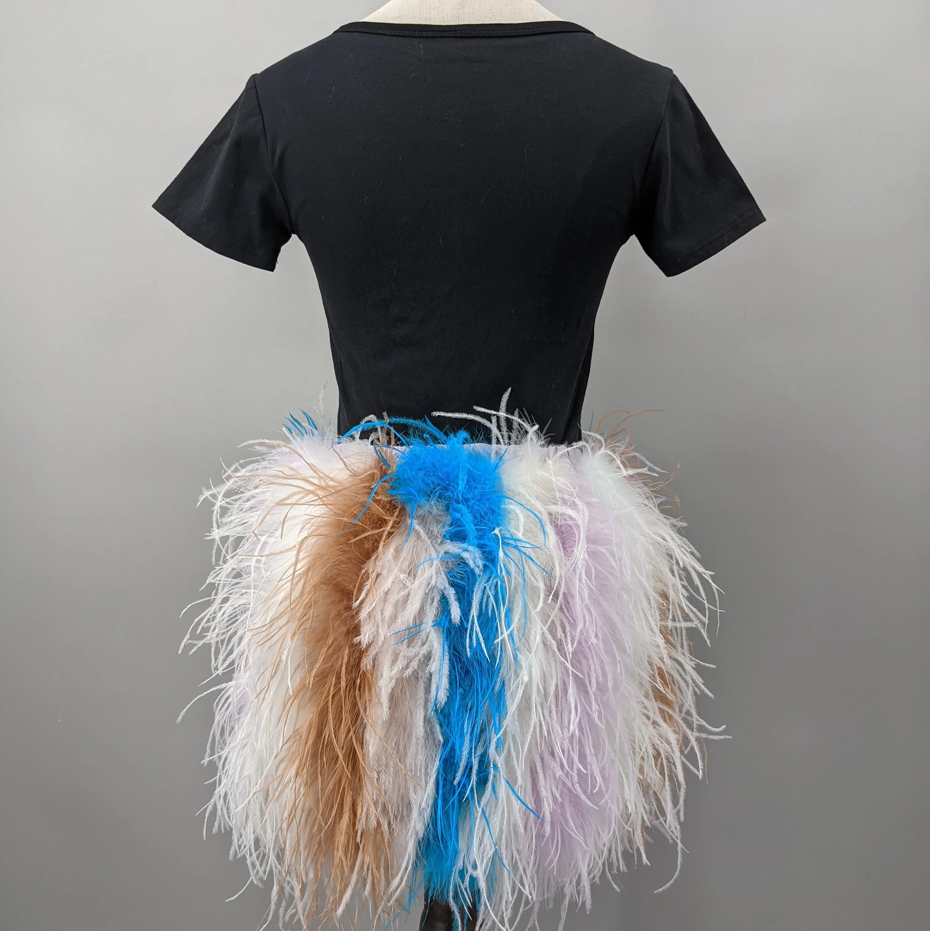 Women Multicolor Real Ostrich Feather Mini Skirt Elastic Waist Fluffy Color Block Skirt Y2K Club Festival Party Outfit 22A0602