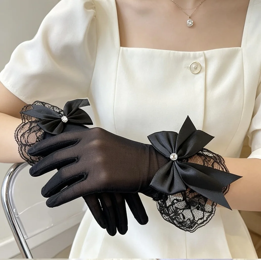 Gloves Women Short Mesh Lace Bow Rhinestone Sun Protection Bridal Wedding Party Photo Shoot Accessory Lightweight Color Choice