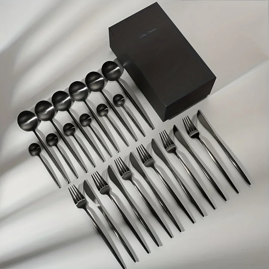 24-Piece Silverware Set for 6, Stainless Steel Flatware Set Matte Black , Modern Brushed Thick Cutlery Set with Spoons Forks