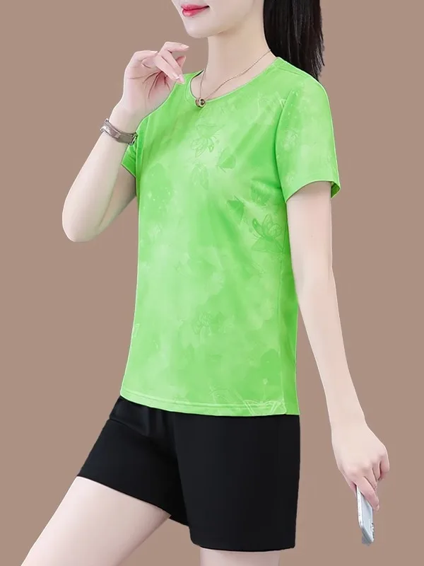 

Summer Ice Silk Sports Set Women's New Sle Thin round Ne Breathable Qui Dry Fitn Two Piece Set Polyester Spandex Blend
