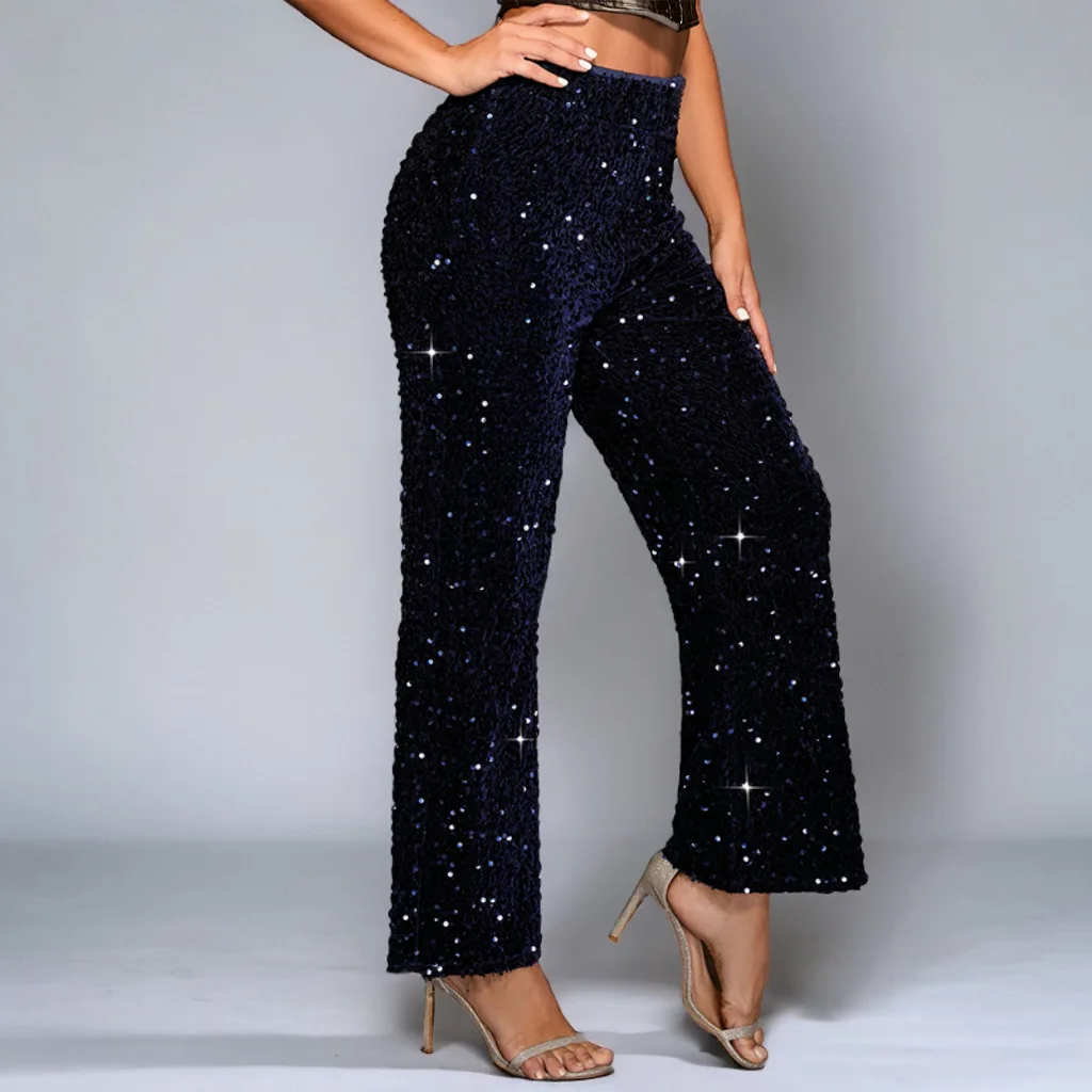 2024 Women Shiny Party Wide Leg Pants Velvet High Waisted All Over Sequines Loose Flared Evening Pants Tall Trousers