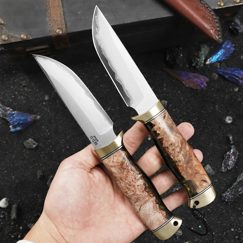 High-quality SKD-11 steel fixed-blade knife with a wood and resin handle, suitable for outdoor activities, camping, EDC tool