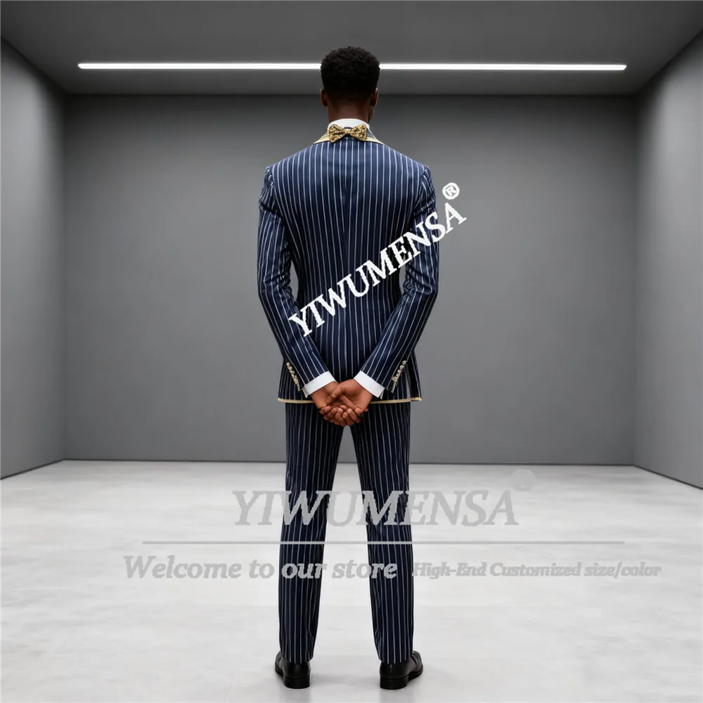 Pruple Vertical Striped Suit Attire For Men Double Breasted Jacket Pants 2 Pieces Sets Costume Homme British Style Prom Blazers