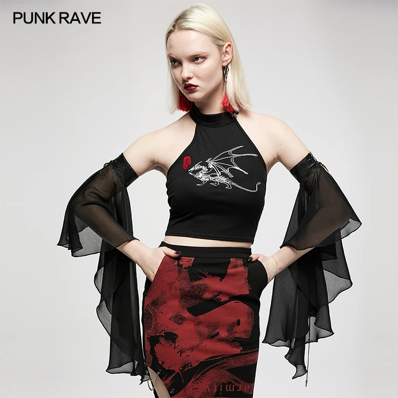 

PUNK RAVE Women's Chinese Style Dragon Pattern Jacquard Stitching Chiffon Sleeves Gothic Flowy Fashion Novelty Female Accessory