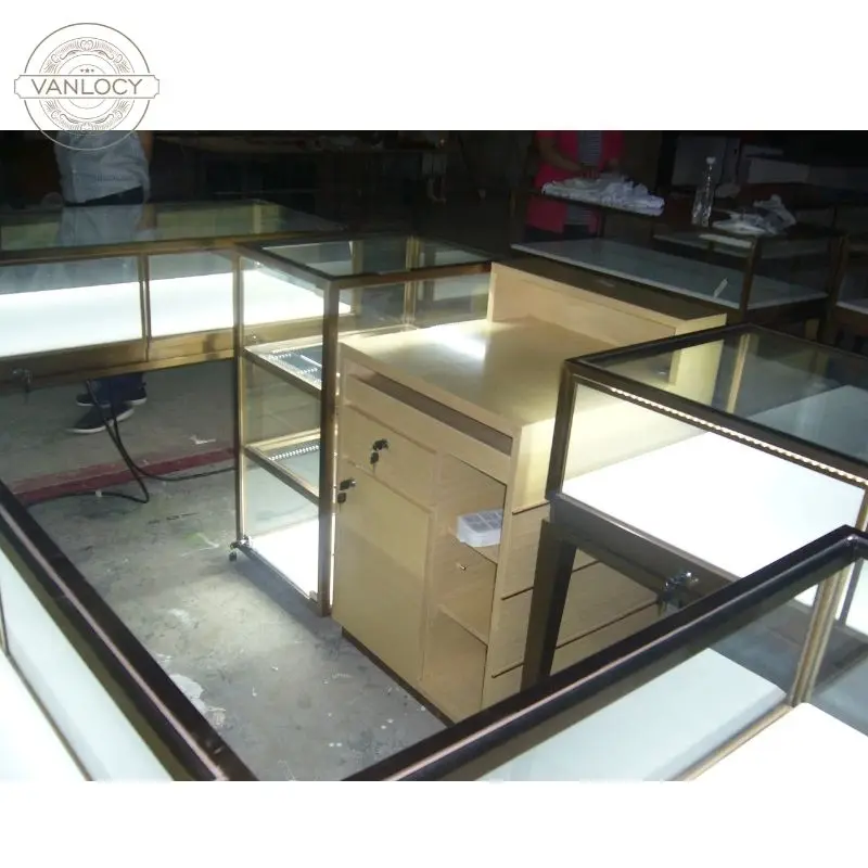 Custom.VANLOCY Custom Luxury Retail Store Jewelry Showcase Cabinet MDF Tempered Glass Metal Stainless Steel Aluminum Design Shop