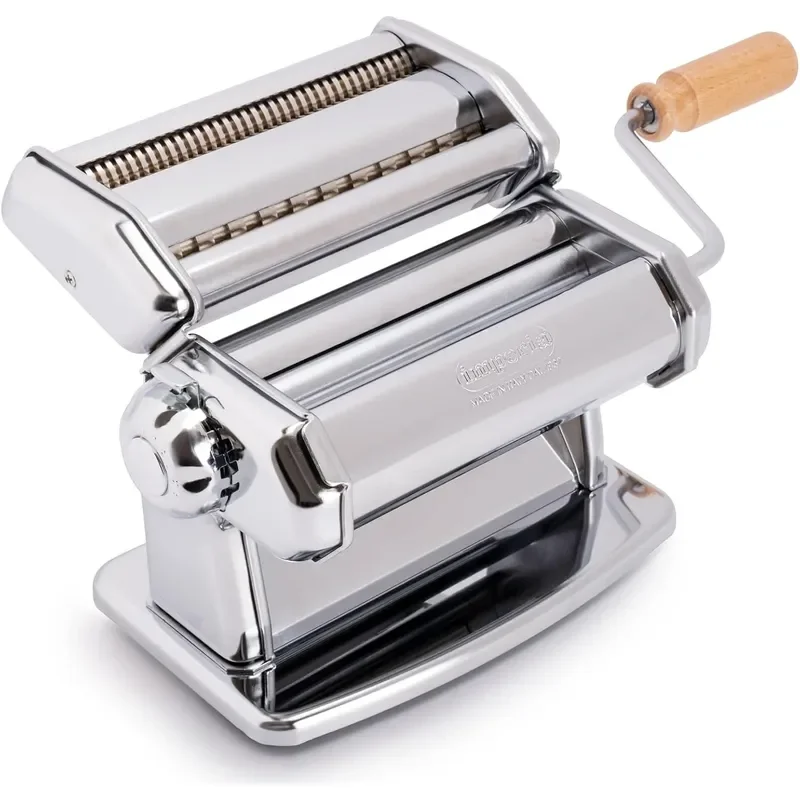 Pasta Maker Machine 100 Made in Italy Heavy Duty Steel Construction Easy Lock Dial Wood Grip Handle Cleaning Brush Fresh