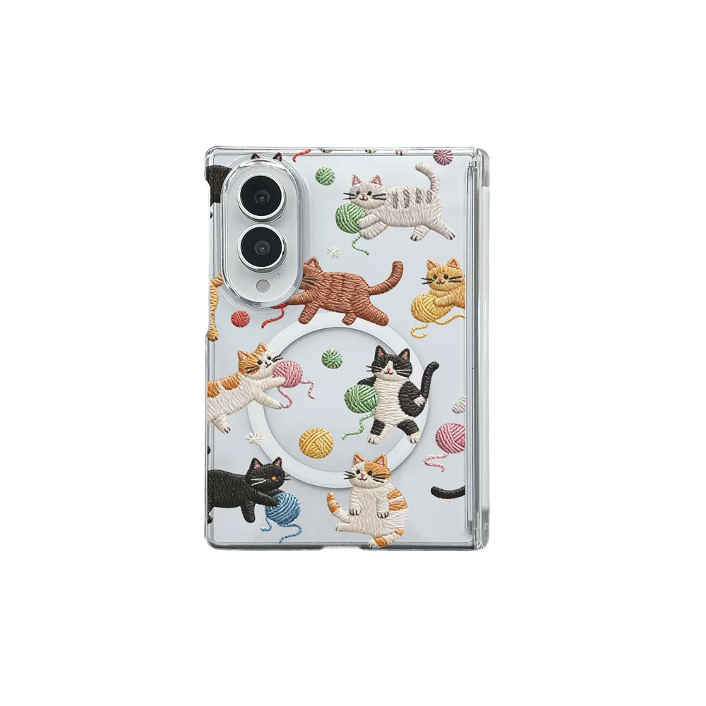 Cute Cat Magnetic Phone Case For Samsung Galaxy ZFold 8 Ultra Z Flip 8 Cartoon Kitten Print Hard Shockproof Protective Cover