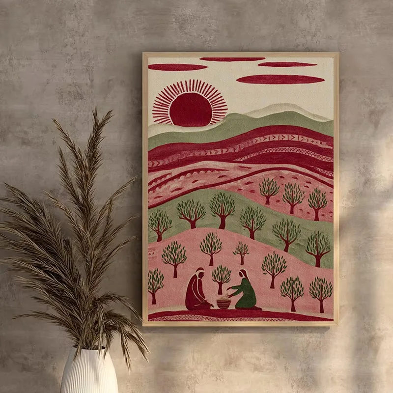 1pc frameless Canvas Painting Retro Palestinian Folk Art Olive Tree Middle East Village Landscape Abstract Poster Canvas Paintin