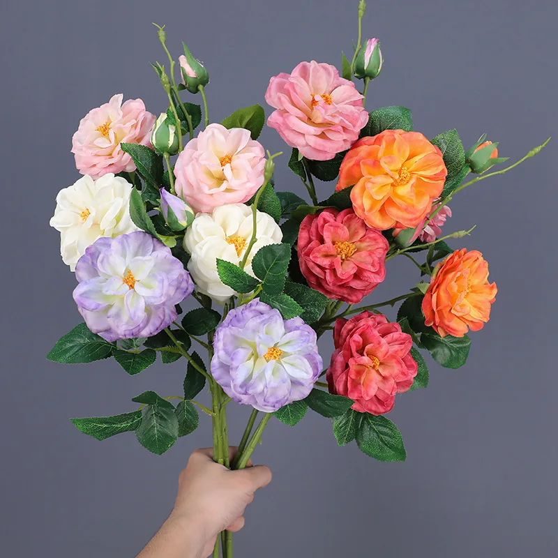 5 Stück Feuchtigkeitsspendende 3-Kopf-Rosen, Künstliche Blumen mit Echtem Touch, Hochzeitsdekoration, Brautstrauß-Zubehör, Heim- und Raumdekoration, Floristik – Detail 7