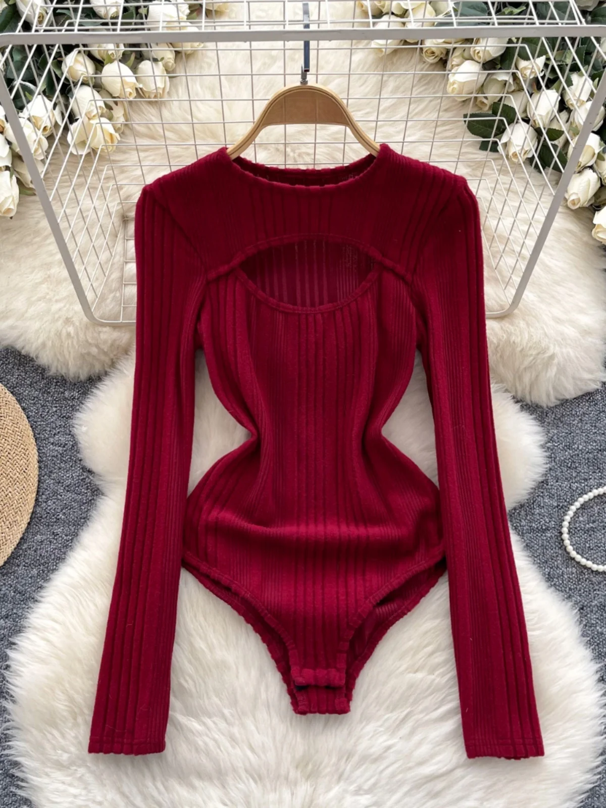 

Women's One-Piece Suit Sexy Hollow out round Ne Waist Cinching Slimming Long Sve Base T-irt Top High Waist Commute Sle