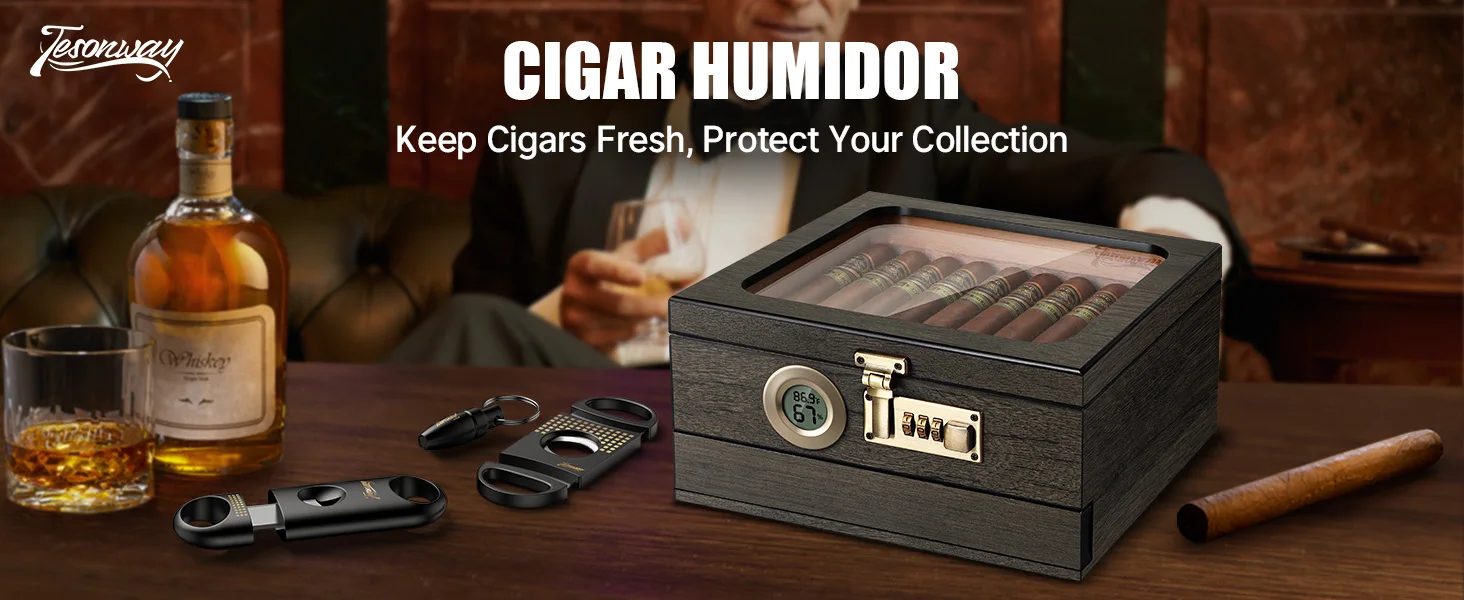 Zigarre-Humidor, Glas-Desktop-Box mit digitalem Thermo-Hygrometer, Luftbefeuchter, Trennwand, Zubehör, Schublade und Zahlenschloss – Detail 1