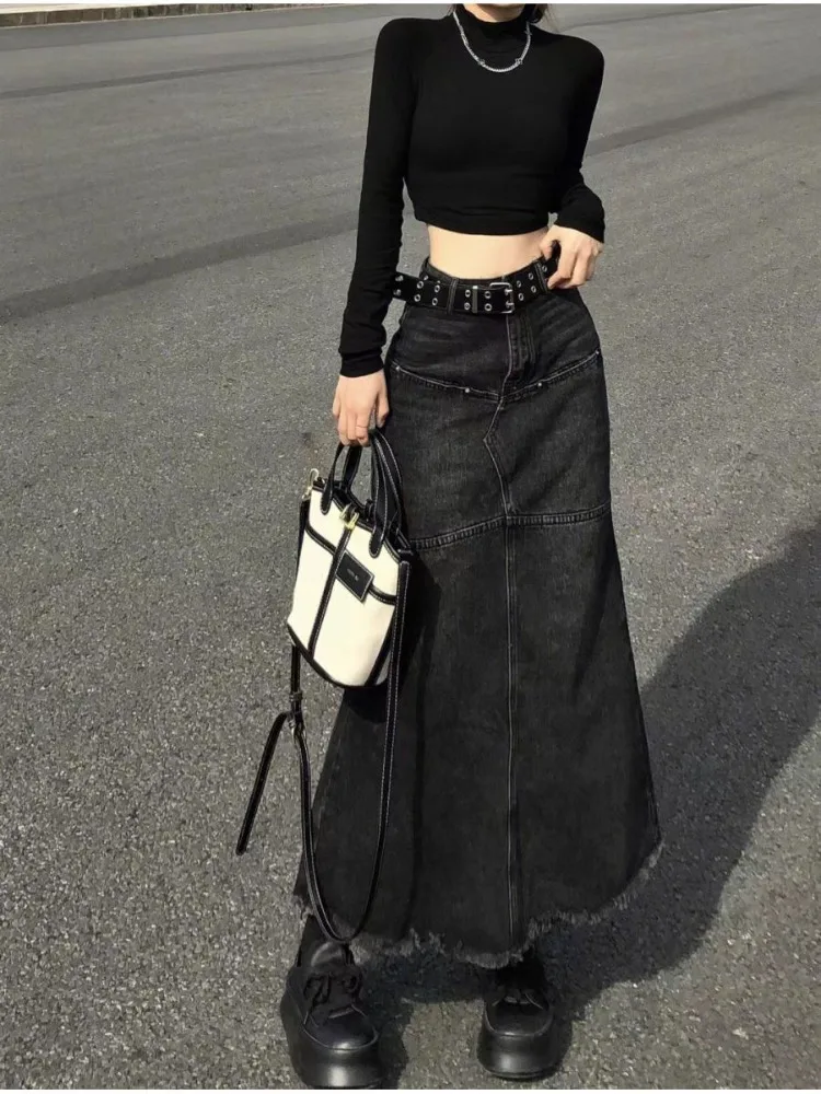 

Denim Skirts Women High Waist Distressed Vintage American Streetwear Ulzzang Students Spring Chic Trendy Gothic Faldas