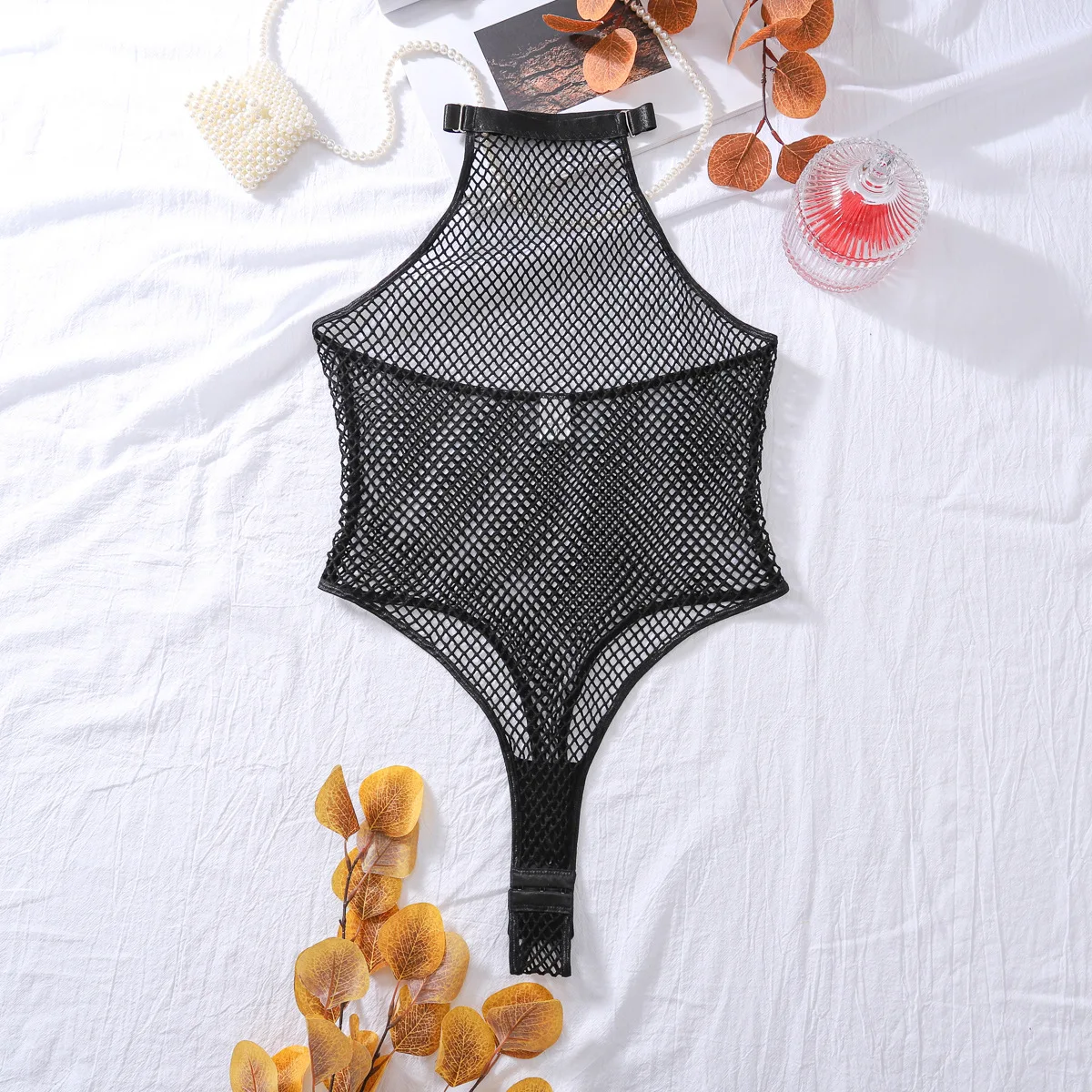 

Sexy Mesh Open Cut Jumpsuits Women's Hollowed Out Backless Design Bodysuits Female Halter Neck Seductive Exotic Apparel Lingerie