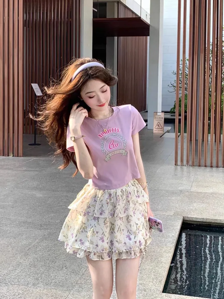 

Purple Floral Chiffon Mini Skirt Women 2025 Summer Fairy Lace Up Waist Layered Cake Skirts Sweet Prairie Chic Skorts