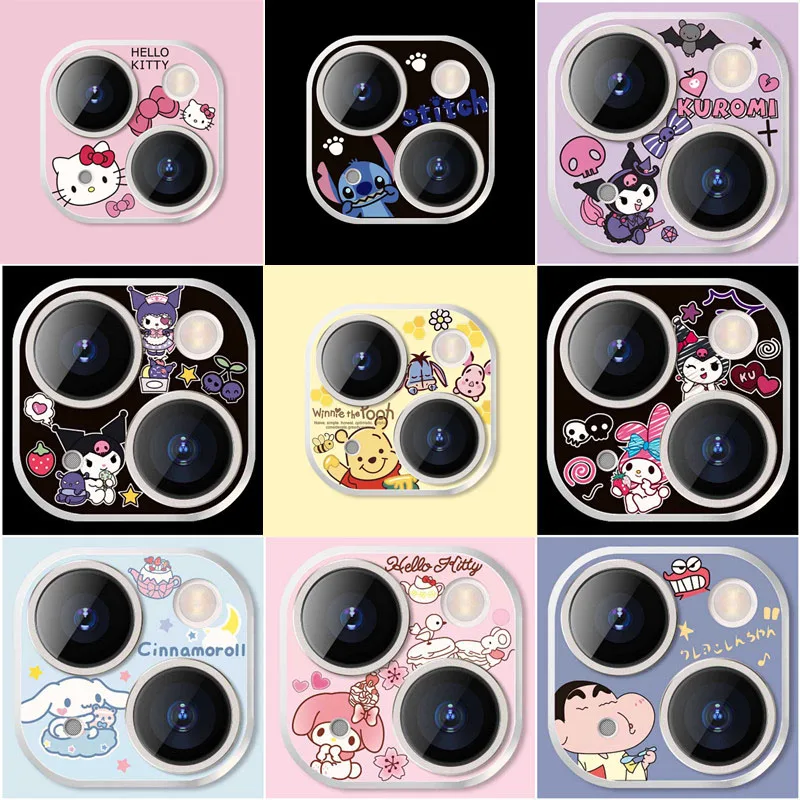 

Hello Kitty Stitch Kawaii Lens Film For Iphone 15 14 Plus 13 MiniPro Max Transparent Lens Tempered Sanrio Series Anime Lens Film