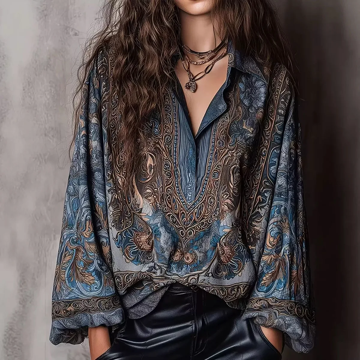 Fashionable V-Neck Printed Loose Slimming High-Quality Retro Long Sleeve Top New Arrival Elegant Cover-Up Upper Apparel