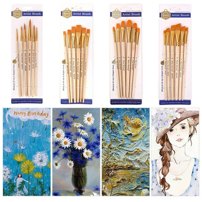 6 pc Professional Artist Paint Brush Nylon for Kids Beginners Amateurs Painter