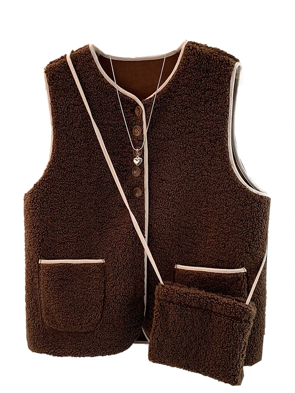 سترة فرو الضأن الدافئة ort Sle الطبقات ارتداء حقيبة اللون كوليون تصميم الرجعية الخريف الشتاء المرأة Faion العنصر الأصلي