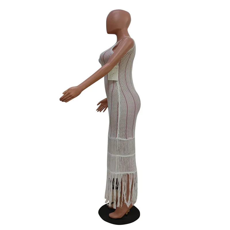 XXL-vestido largo de punto con borlas para mujer, traje de baño Sexy sin mangas para playa, traje de baño de ganchillo para cubrir Bikini, traje de baño femenino de verano
