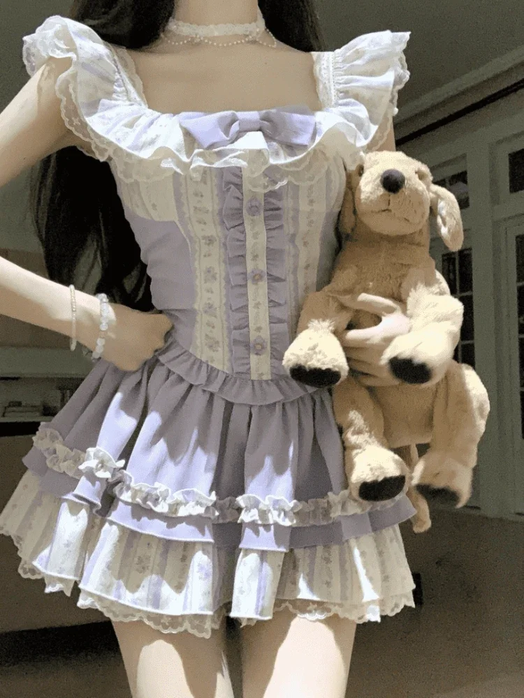 Elegante doce 2 peça conjuntos de saia feminina renda plissada y2k topo de colheita + bonito mini saias bolo japonês lolita ternos vintage verão