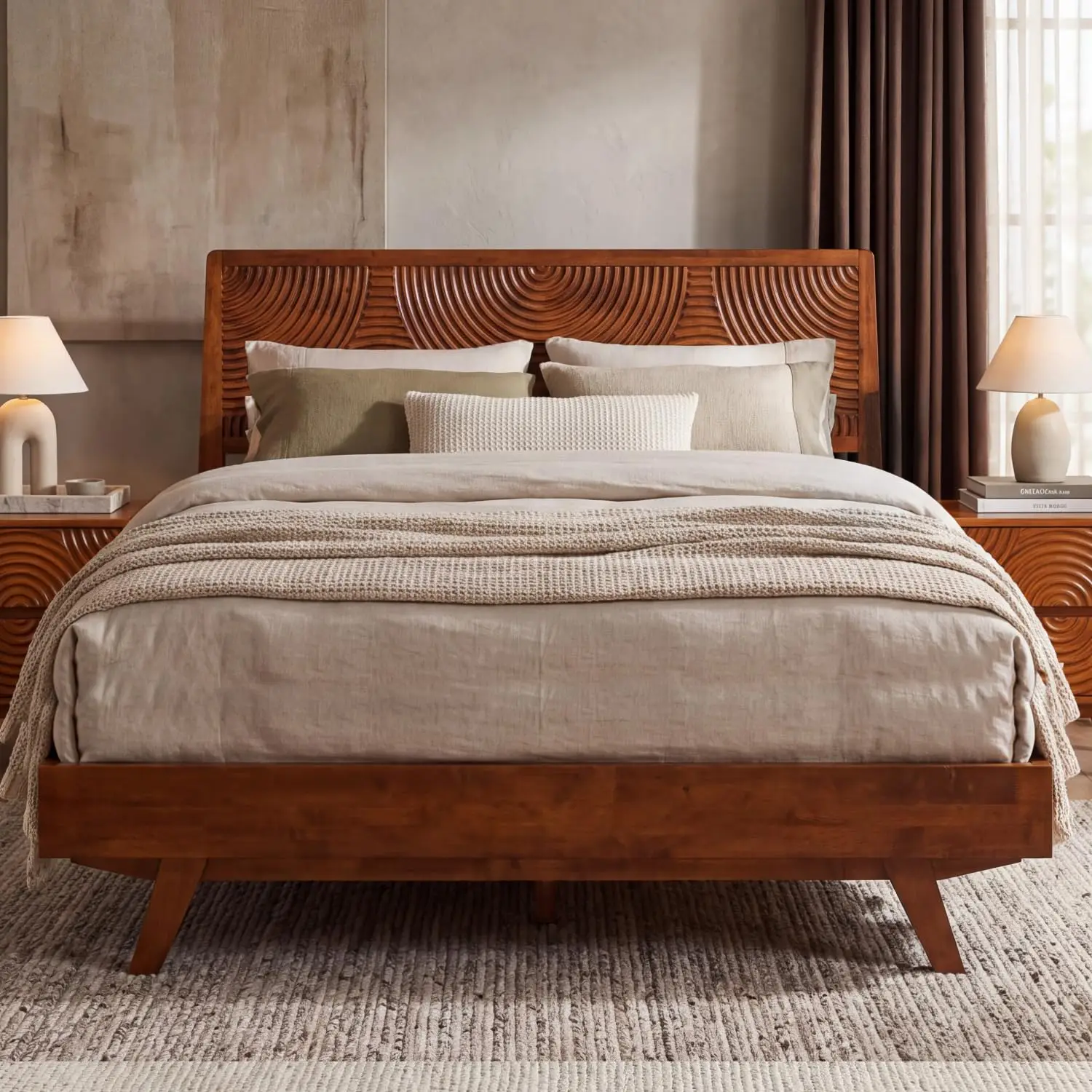 Acacia Wood King Platform Bed Frame No Box Spring Caramel, Customized