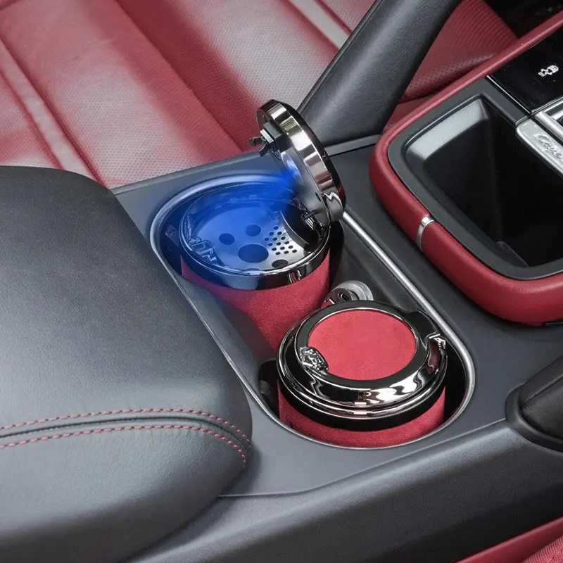 

Suede Car Ashtray Cigarette Ash Holds Cup LED Light Automotive Ashtray For Porsche Panamera Macan 718 Taycan 911 Cayman Boxster