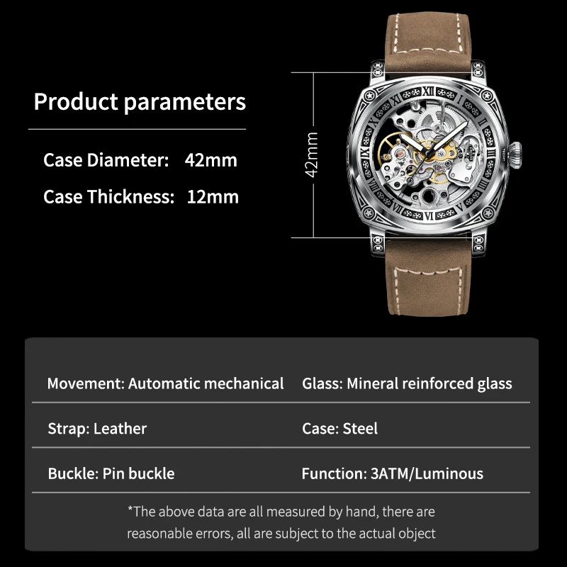 PINDU  Fashion Boutique Mechanical Watch Men\'s Watch Engraving Design Hollow Luminous Waterproof Watch Relogio Masculino+Box