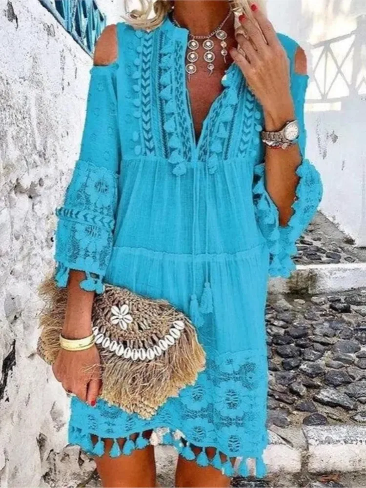 

Spring Embroidery Crochet Lace Boho Loose Dresses Women Elegant Off Shoulder Tassel Ruffle Mini Dress Summer V Neck Beach Dress