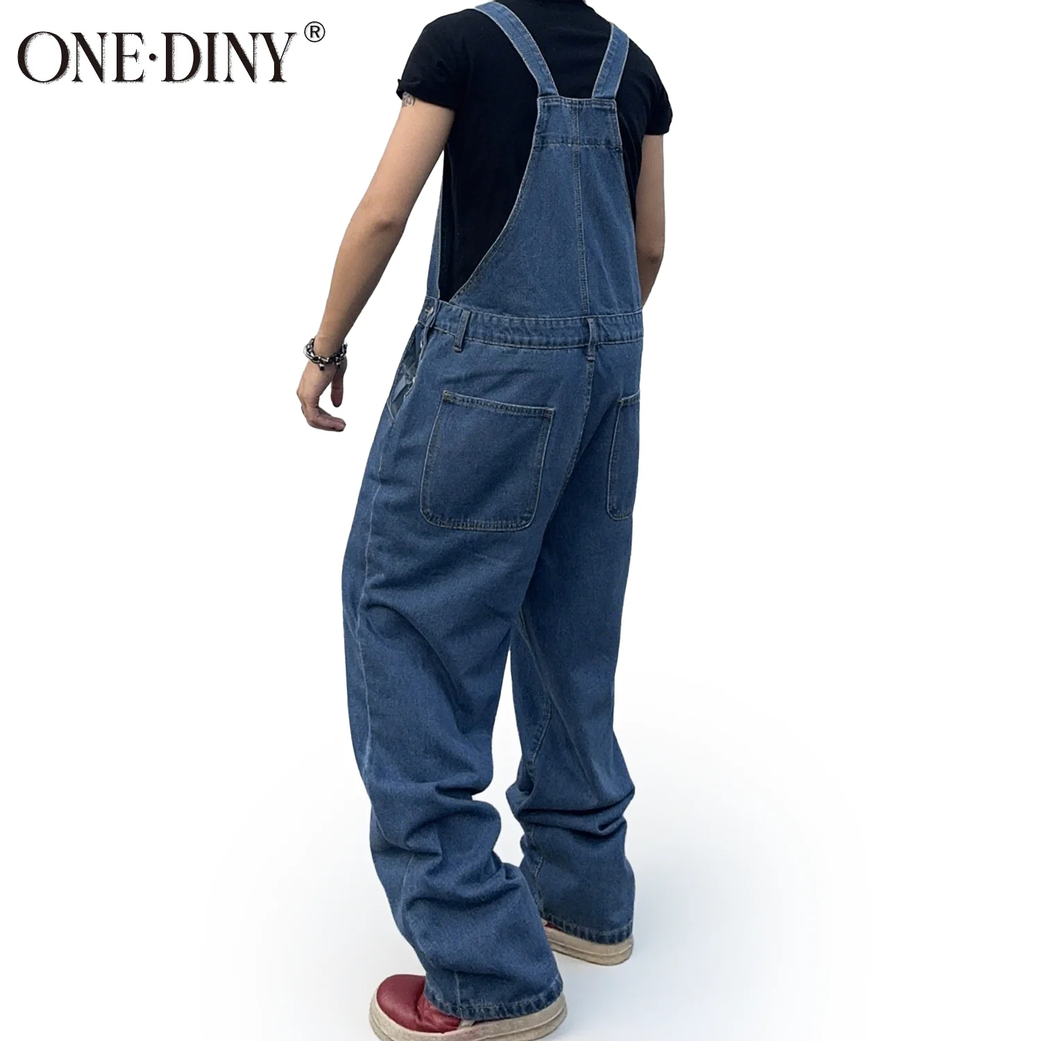 ONE·DINY Men's Denim Overalls Simple Loose Jeans Men's Street Casual Solid Color Mid-Waist Loose Washed Jumpsuit