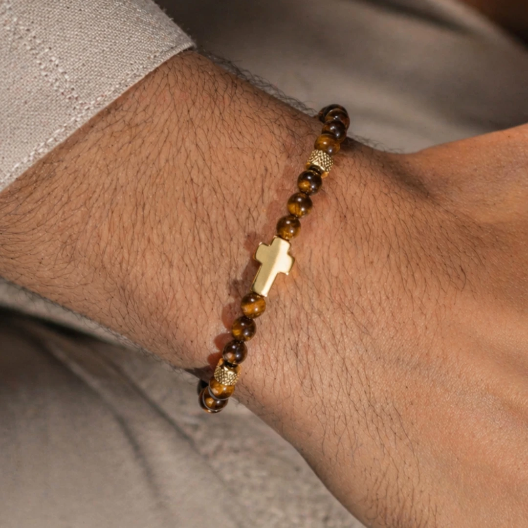 316 Stainless Steel Polished Cross Bracelet with Tiger Eye stone  Beads Handmade Braided Prayer Fitness Chain  Couple Jewelry